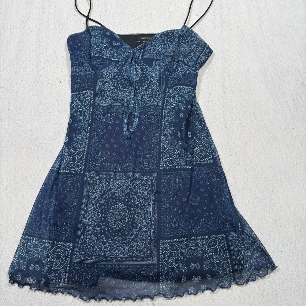 Urban Outfitters Blue Bandana Paisley Mesh Mini Dress Tie Front Lettuce Hem M